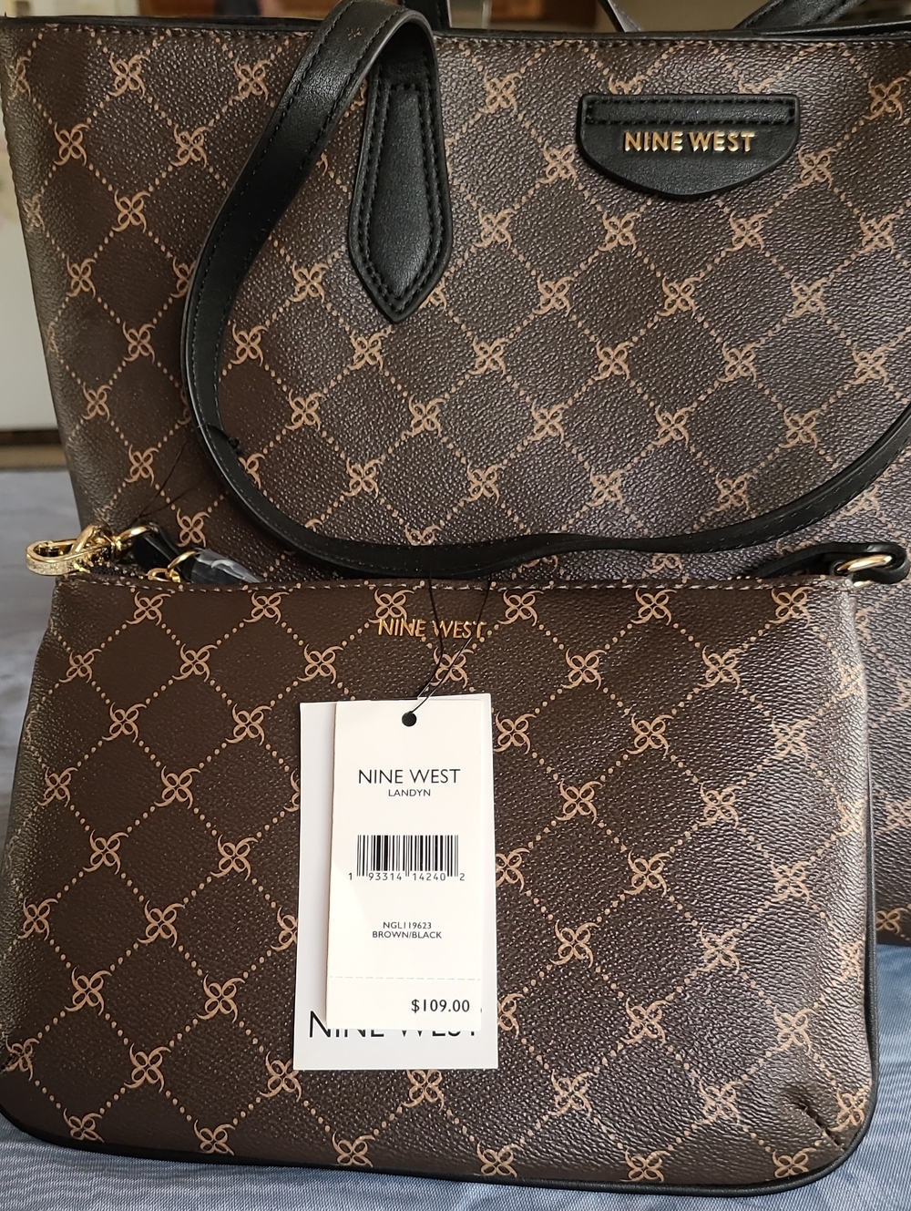 Nine West Brown and Tan Monogram Tote with Wristlet